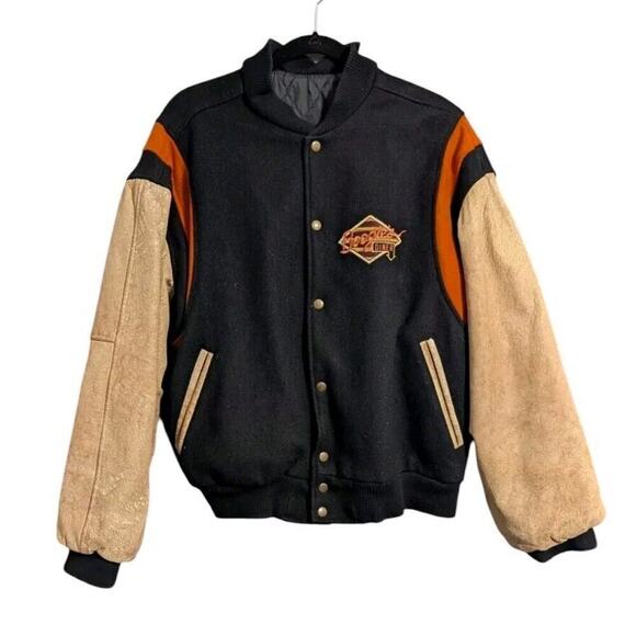 Vintage Boogie's Diner Las Vegas Bomber Varsity Jacket Wool Leather Black Large - Picture 1 of 16